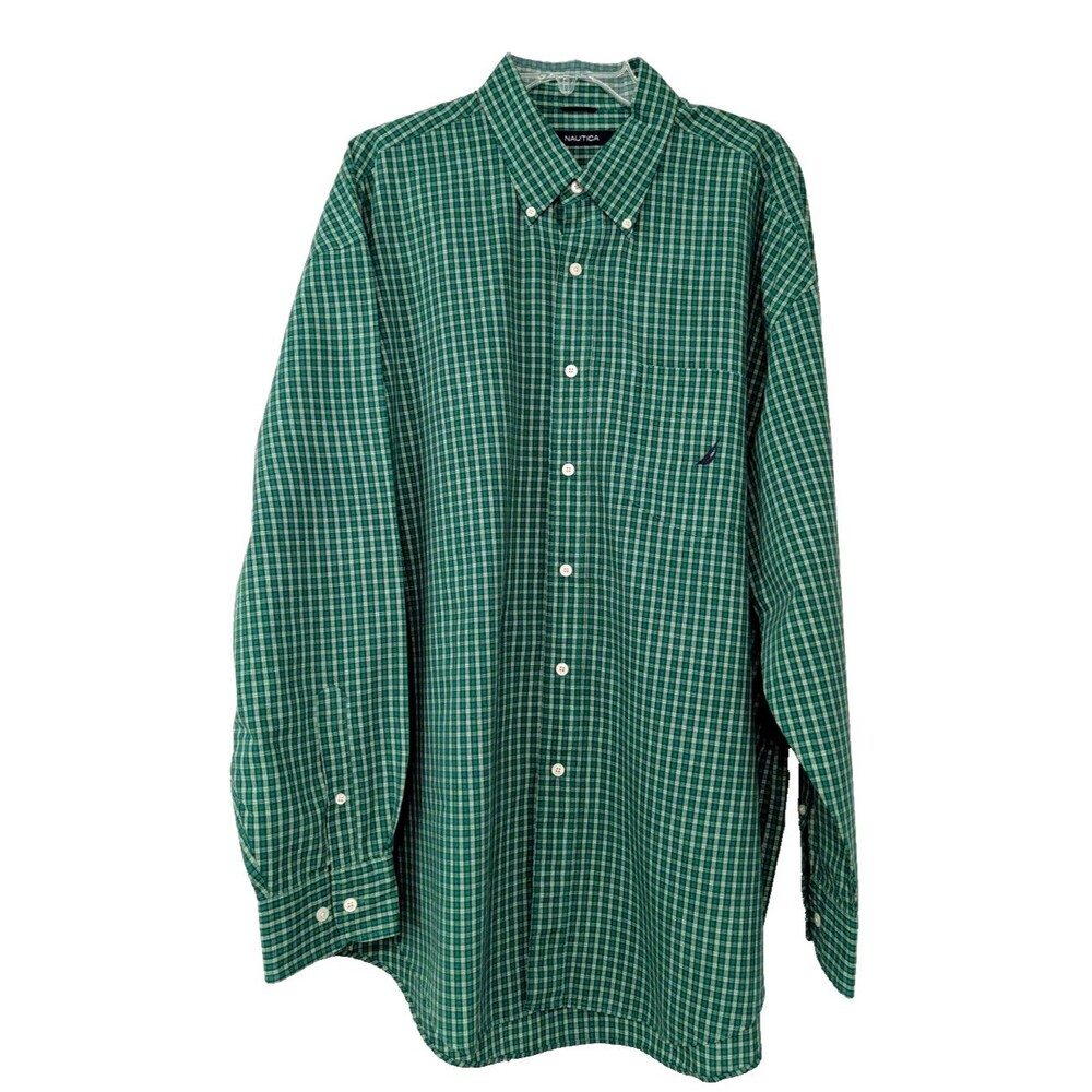 Vintage Nautica L Sleeve Button Down Classic Fit Shirt Green Micro-Check Preppy